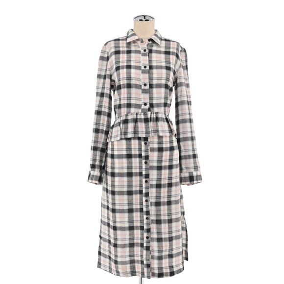 CLUB MONACO Dress Womens Size 6 Midi Flannel Shirt Plaid Peplum Waist Wool Blend - Picture 1 of 10